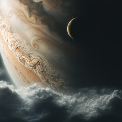 Celestial Symphony: Witness the grandeur of Jupiter, swathed in swirling clouds, with a crescent moon serenading the cosmic vista.