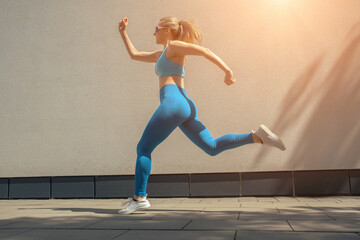 Fototapeta premium Woman Jogging on Sunny Summer Day in the City. Active woman in her forties jogging outdoors along a city street. Sportswear, running, energy. Healthy lifestyle, urban fitness, self-care concept.