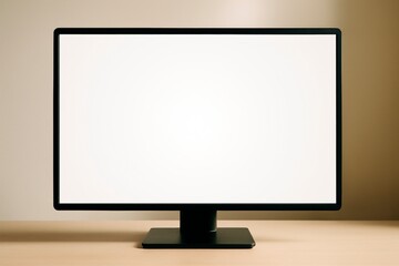 Blank computer monitor screen mockup with white display on wooden desk against beige wall background for branding or presentation layout concept. Ai generative