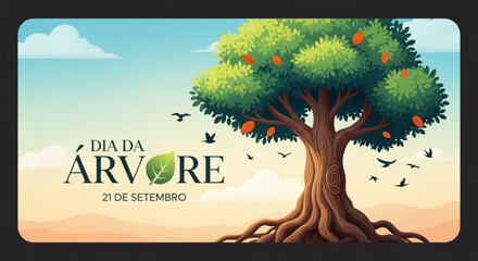 Obraz premium Ilustração do Dia da Árvore em estilo cartoon mostrando uma árvore com pássaros voando ao redor em um céu de setembro.