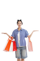 Shopaholic's Joy: A young woman, radiant with smiles, is showcased against a backdrop of pristine...