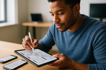 Fototapeta premium Man designing wireframes on tablet with stylus in modern workspace, focused on creative technology task in bright office background setting. Ai generative