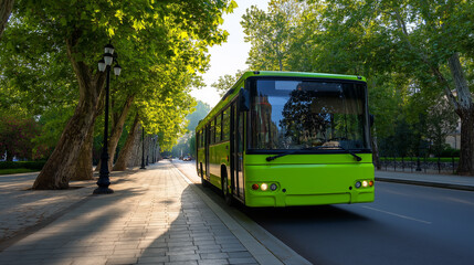 Fototapeta premium Empty green city bus parked on a tree-lined street on a sunny day. 