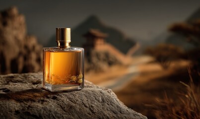 Amber perfume bottle on a rock, scenic backdrop