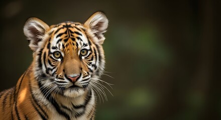 Close-up portrait of a young tiger cub with striking orange and black stripes, looking directly at the camera against a blurred green background.