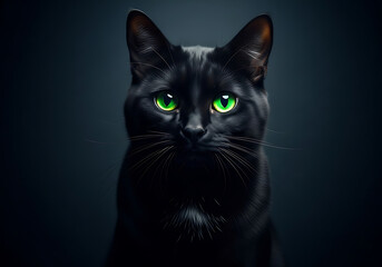 Mysterious black cat with striking green eyes gazes intently in a dark, moody studio portrait.