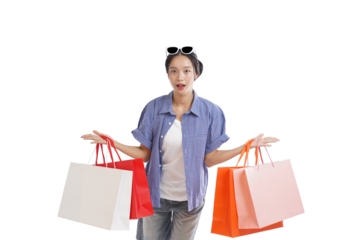 Shopping Spree Shock: A young female is completely overwhelmed with shopping bags, conveying the thrill and shock of a retail therapy spree. She is likely enjoying a perfect day.