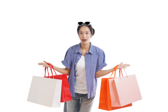 Shopping Spree Shock: A young female is completely overwhelmed with shopping bags, conveying the thrill and shock of a retail therapy spree. She is likely enjoying a perfect day.