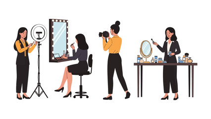 Diverse group of women creating content for social media with makeup photography and beauty tutorials