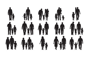 Diverse family silhouettes walking together holding hands showing unity and connection