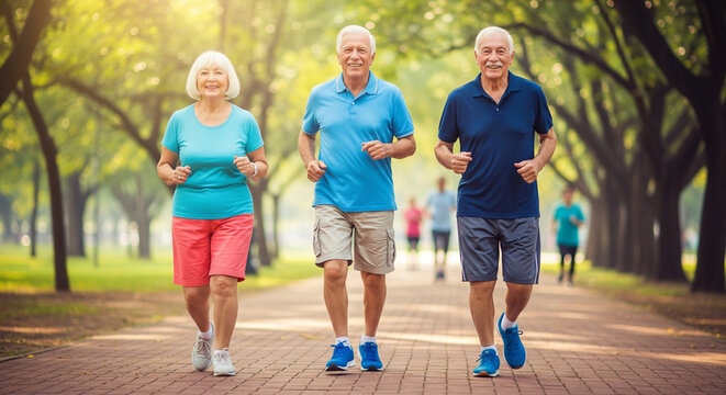 Happy senior friends jogging outdoors on a sunny park path surrounded by green trees, promoting active healthy aging.