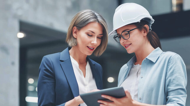 Female architect presenting a 3D building model to a client in a modern industrial office, concrete walls, moody ambient lighting, professional discussion..