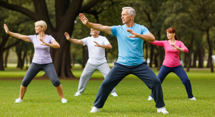 Four older adults practicing flowing Tai Chi movements outdoors in a green park, promoting balance, health, and wellness.