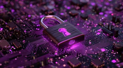 Illuminated padlock securing digital data, electronic circuit board background for cybersecurity, data privacy, encryption concept