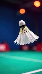 Dynamic Badminton Shuttlecock Close-Up Vibrant Colors, Blurred Motion, Frozen Moment of Intense Gameplay.  Perfect for Sports, Action, and Fitness themes.