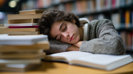 Tired student boy sleeping on books at a desk in a library aisle.
