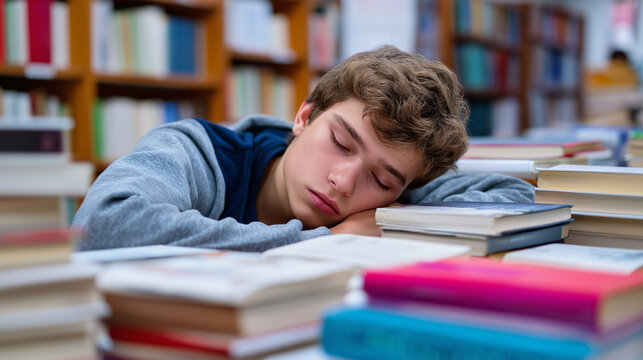 Tired student boy sleeping on books at a desk in a library aisle.
 - Powered by Adobe