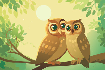 Obraz premium Two owls sitting on branch, one leaning head to another, cozy night with moon
