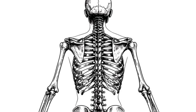 Detailed anatomical drawing of a human skeleton, back view