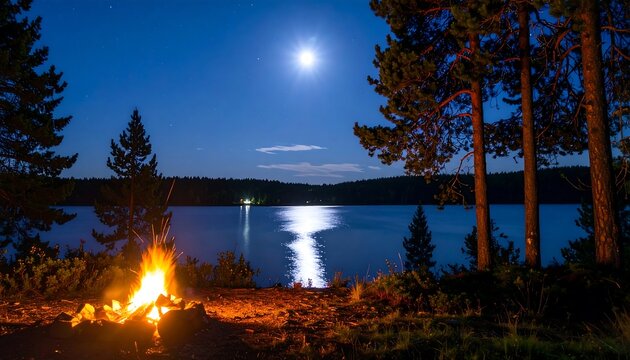 Night campfire by lake under moonlight