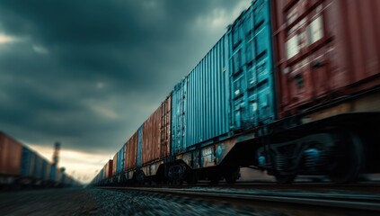 Obraz premium Freight train moving fast under dark clouds