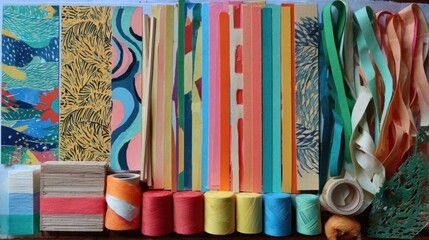 Fototapeta premium Colorful assortment of patterned papers, ribbons, and craft supplies