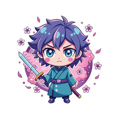 Chibi anime boy with purple hair holding a sword and surrounded by cherry blossoms