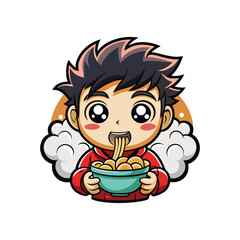 Cute anime boy enjoying a delicious bowl of noodles