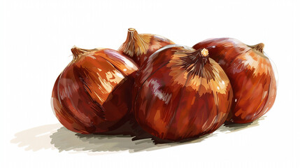 "Hand-Painted Glossy Chestnuts: A Digital Illustration of Four Rich, Brown Chestnuts with Reflective Surfaces, Showcasing a Warm, Artistic Style Perfect for Autumnal Themes and Food-Related Designs on