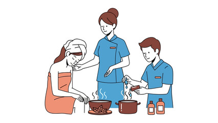 Caring medical professionals in blue uniforms provide gentle foot care and massage to an elderly woman in a warm and comforting setting