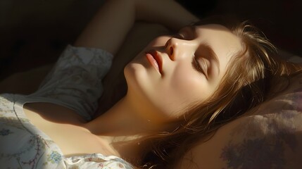 Naklejka premium Serene young woman bathed in warm sunlight, experiencing peaceful slumber and tranquility