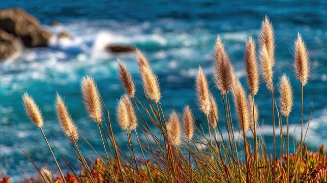 Coastal grasses against a vibrant blue ocean