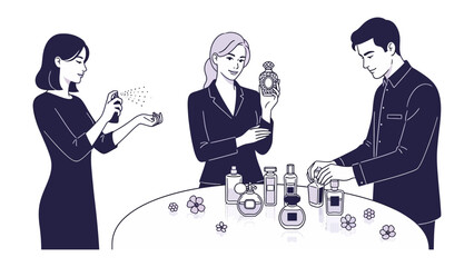 Elegant business people in dark suits examining luxury perfumes and fragrances displayed on a round table in a sophisticated setting