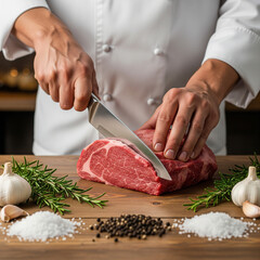 professional chef's hands cutting fresh meat