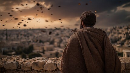 Jeremiah stands atop a shattered city wall at sunset, cloak billowing in the fading light, gazing over desolation with sorrow and faith, symbolizing mourning, resilience, and divine warning.