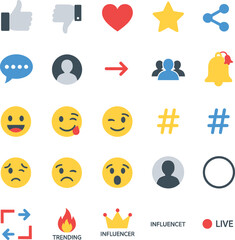 A comprehensive set of modern flat vector icons for social media, depicting user engagement, communication, and digital interaction concepts for web and app design