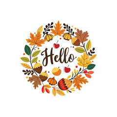 Hello autumn wreath with leaves acorns and pumpkins