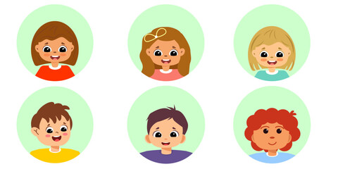 A group of joyful and cheerful children. The delightful expressions on the faces of both boys and girls. A vector illustration