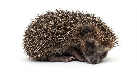 Obraz premium (Chiisana harinezumi kyakufuna nemuri shirohaikei yawarakana hikari) Translation: Small hedgehog comfortable sleep white background soft light. AI Generated