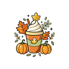 Cute autumn pumpkin spice latte with leaves and pumpkins