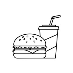Classic burger and soda combo fast food meal outline