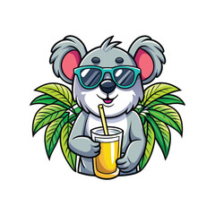 Cool cartoon koala wearing sunglasses and drinking juice with palm leaves