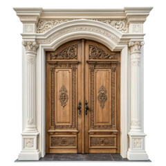 Fototapeta premium Grand ornate wooden door isolated on transparent background