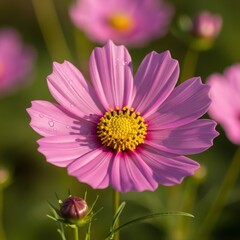 Obraz premium Closeup of a delicate pink cosmos flower with water droplets
