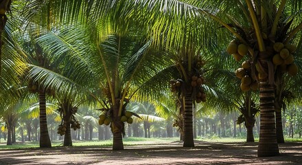 Fototapeta premium Coconut Palm Grove with Coconuts Growing in a Tropical Environment
