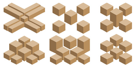 Isometric arrangement of wooden blocks showing different geometric shapes and structures on a black background