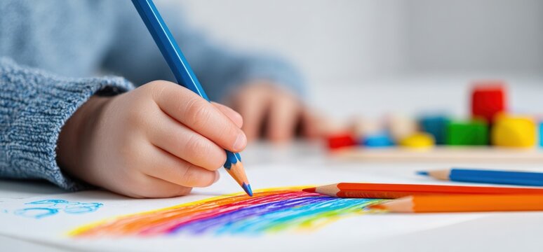 Child's hands coloring a rainbow