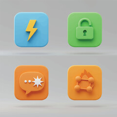 Modern Flat Vector Communication App Icons Collection – Direct Message Lightning, Secret Chat Lock, Reply Spark Bubble, Thread Flame