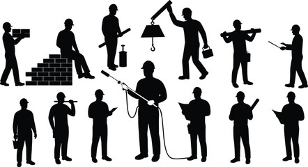 Silhouette construction workers set showing various activities such as lifting, carrying, reading plans, operating tools, crane hook handling, safety gear use, and teamwork.