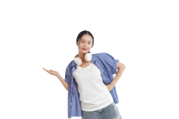 Joyful Embrace of Casual Elegance: A young woman, radiates charm and poise in a simple yet stylish attire, wearing a pair of headphones over her shoulder.